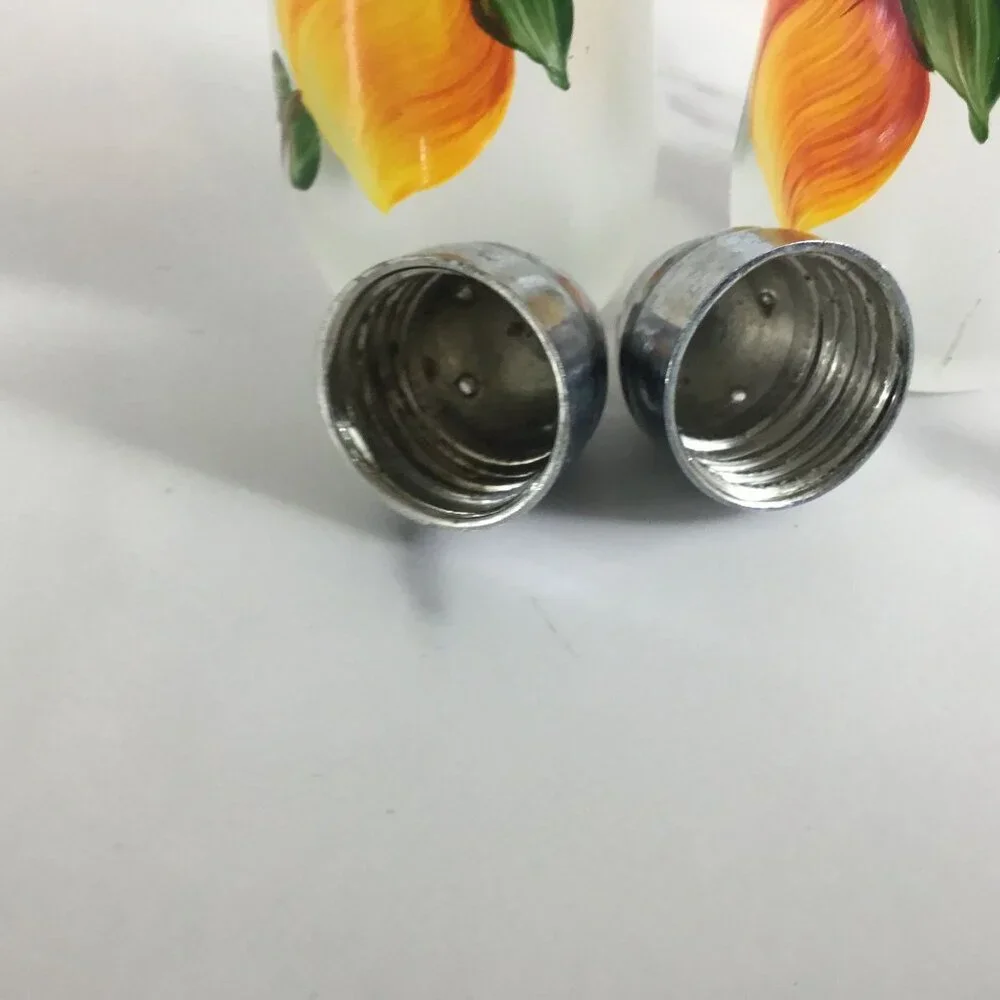 Vintage Hazel Atlas Peaches Gay Fad Frosted Salt & Pepper Shakers Fruit Decor